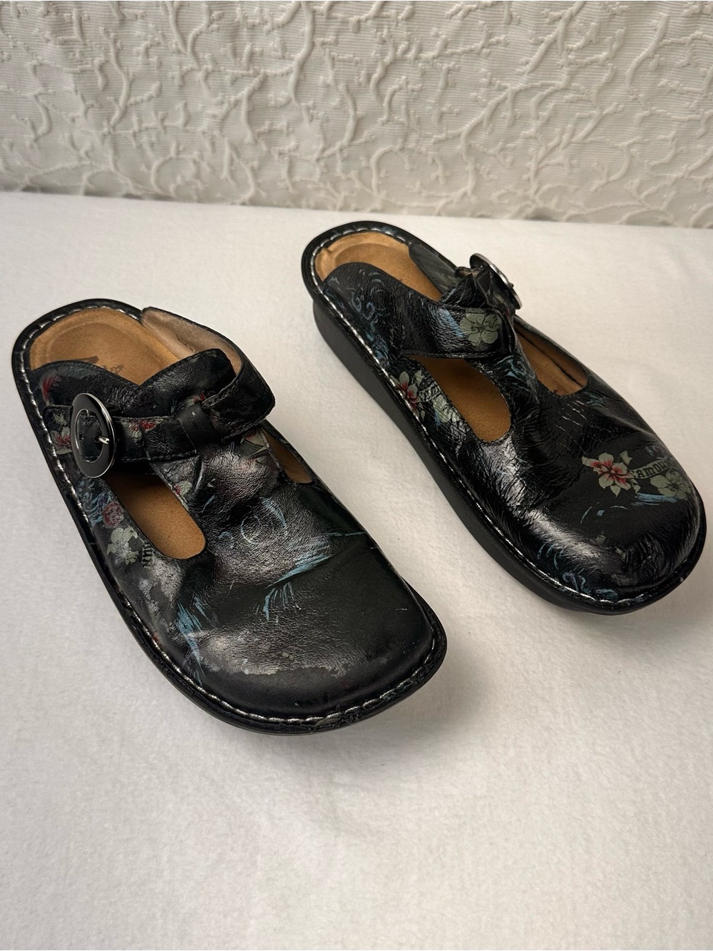 Black Floral Leather Slip-On Clog for Women